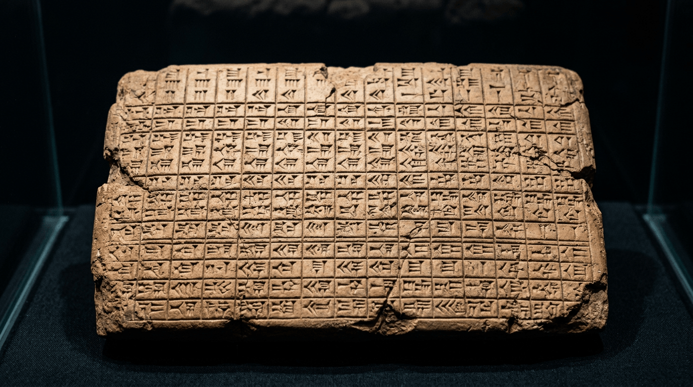 Ancient Sumerian clay tablet with cuneiform grid rows and columns, c. 3000 BCE