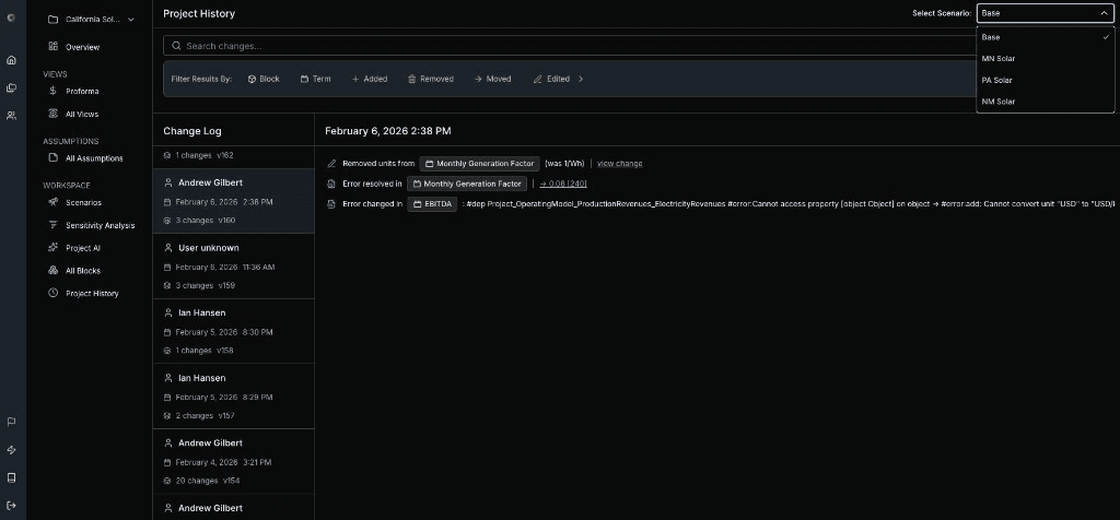 Project History — full audit trail of model changes